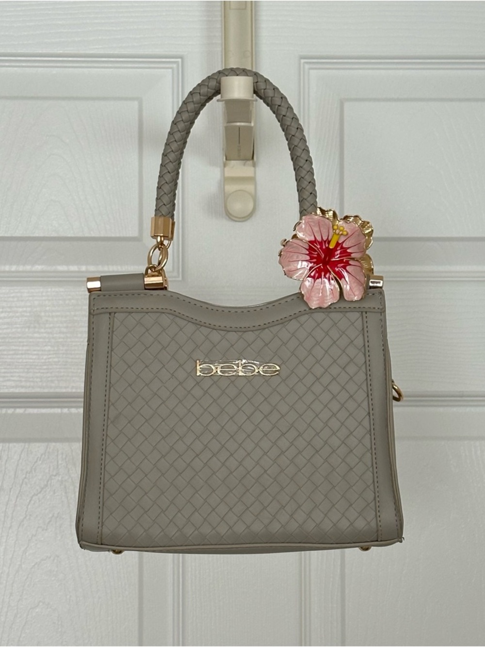 bebe Taupe Woven Top-Handle Satchel